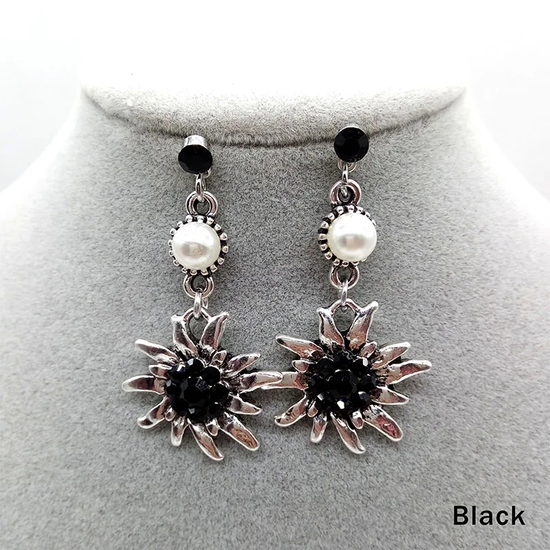 New Antique Silver Color Pearl Earrings for Women Zinc Alloy Edelweiss Flower Rhinestone Drop Earrings Gifts Party Jewelry