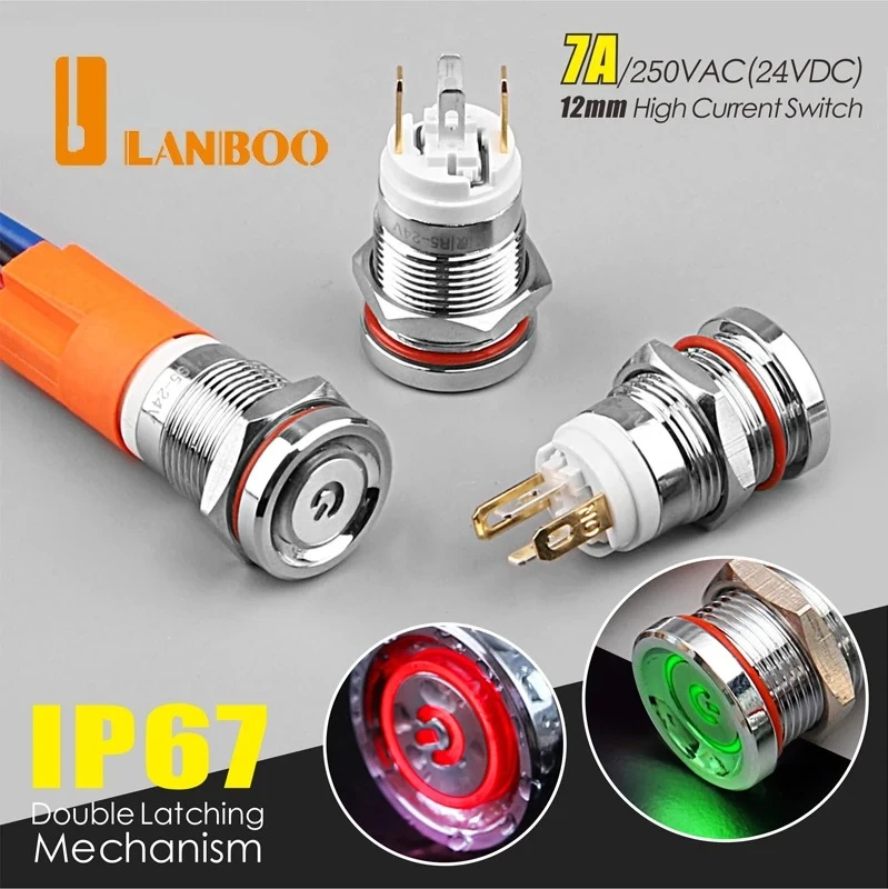 LANBOO 12E Series 7A High Power 1NO Metal Push Button Switch With Ring Or Power LED For Car Boat High Quality