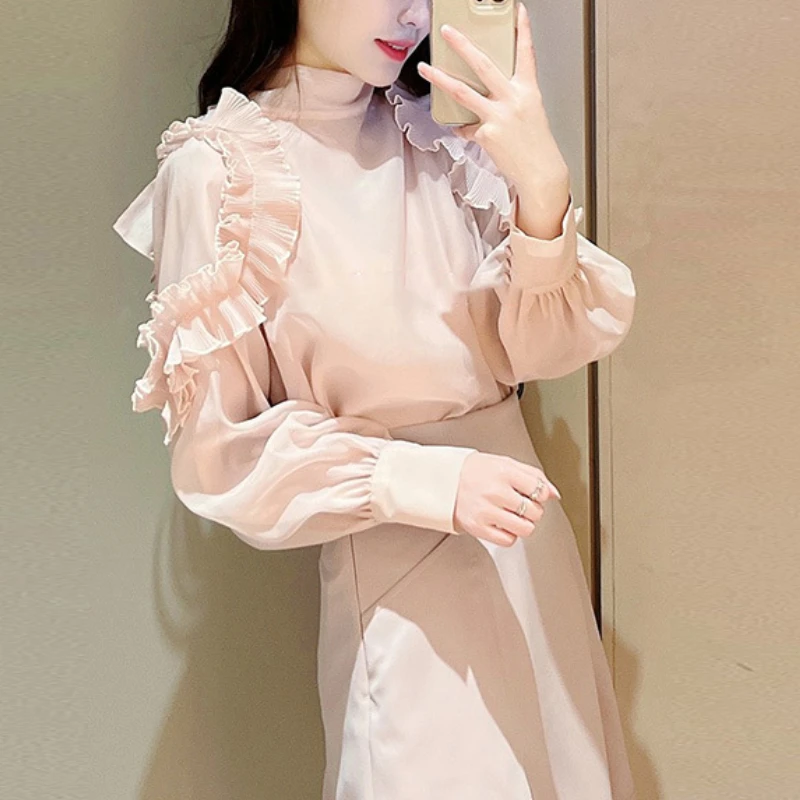 Kuzuwata Pleated Ruffle Lantern Sleeve Bow Shirt Women Tops Fashion Bow Solid Color Blouses Japanese Spring Lace Sweet Blusas