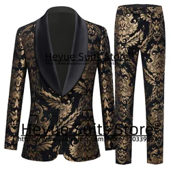 Fashion Jacquard Design Men Luxuly Suits Slim Fit Shawl Lapel Groom Tuxedos 2 Pieces Sets Business Male Blazer Trajes De Hombre