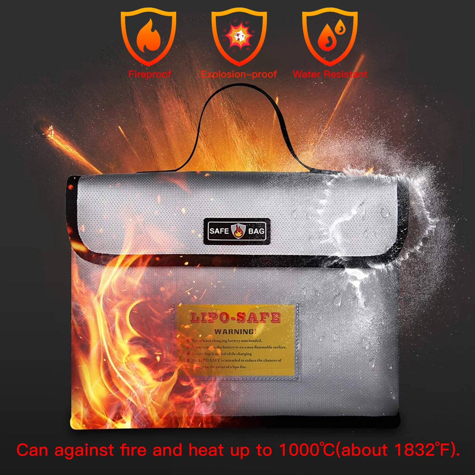 Portable Fireproof Explosionproof Lipo Battery Guard Safe Bag Large Storage Space for Battery Storage and Charging 260*130*190mm