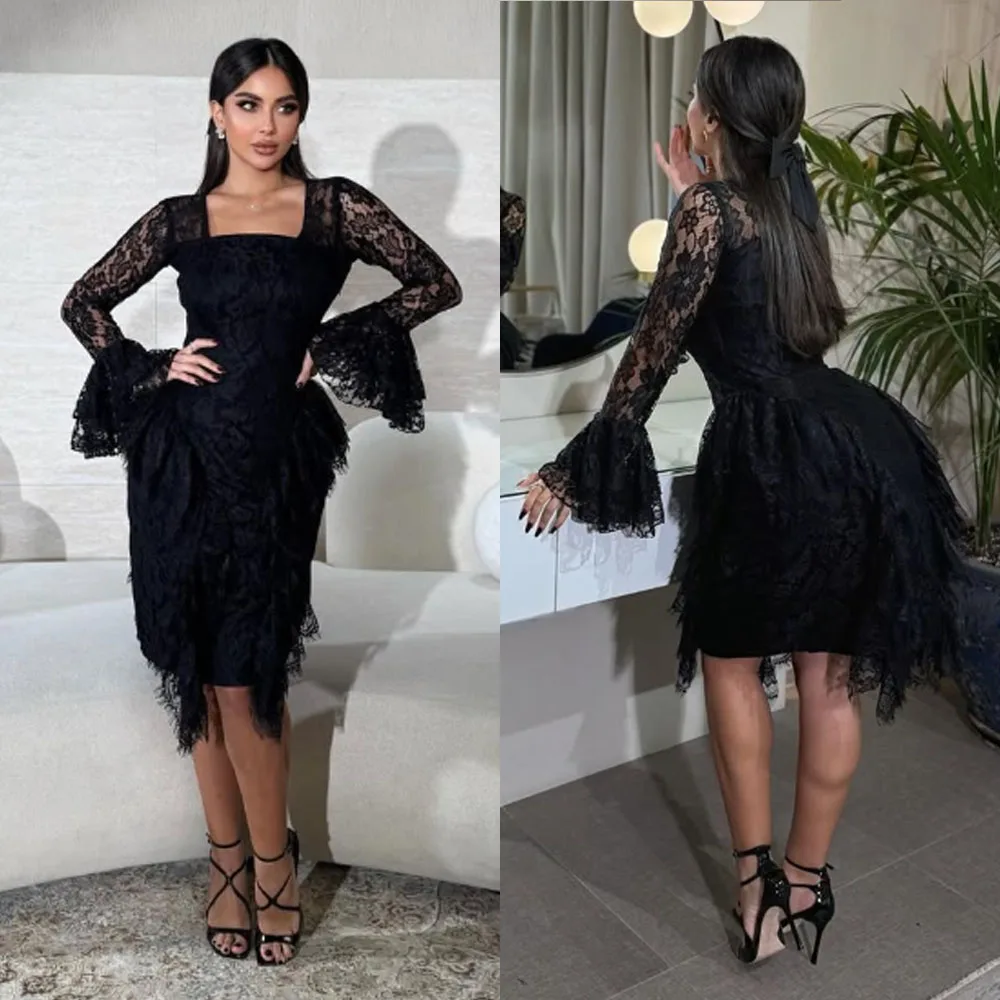 

Customized High Quality Full Sleeves Square Collar Black Knee Length Tulle Evening Robe Soirée Femme Mariage Vestidos Para Boda