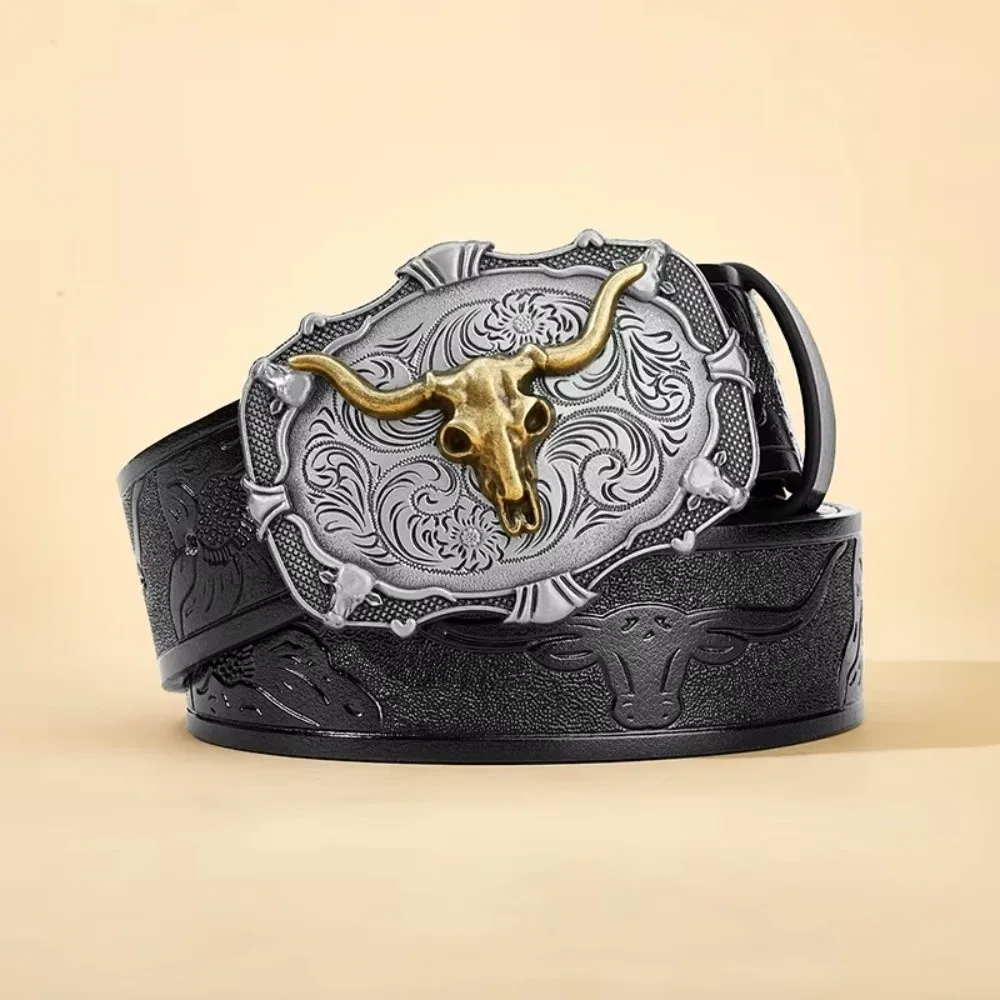 Cool Handsome PU Material Western Cowboy Belt Embossed Design Alloy Buckle Leather Buckle Belts Cowboy Buckle Belt Men