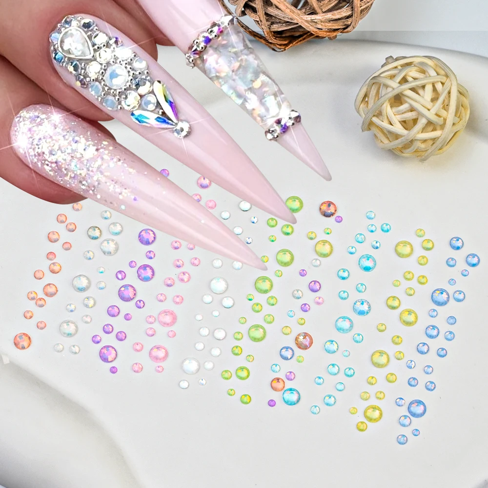 1440pcs Mix Size Colorful Crystal Beads Mermaid Flatbottom Nail Rhinestones Gems 3D Clear Round Accessory For Nail Decor U8*PL6