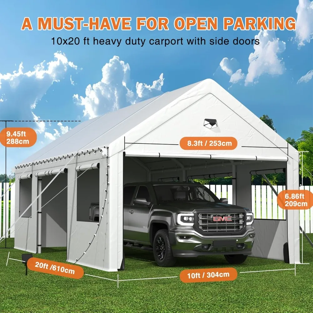 Carports 10X20 Heavy Duty,Portable Car Port Garage,Carport Canopy with Side Doors,Outdoor Car Shelter All Weather,White