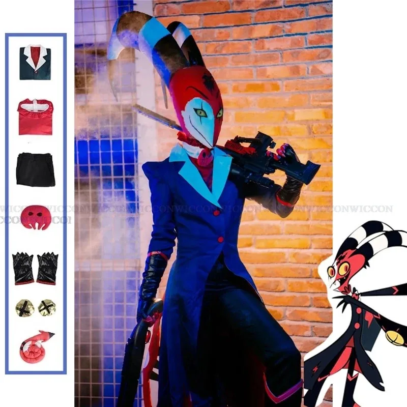 

2025 11 Anime Party Uniform Suit With Tail Helluva Blitzo Boss Cosplay Costume Shoes Full Set Men Women Halloween