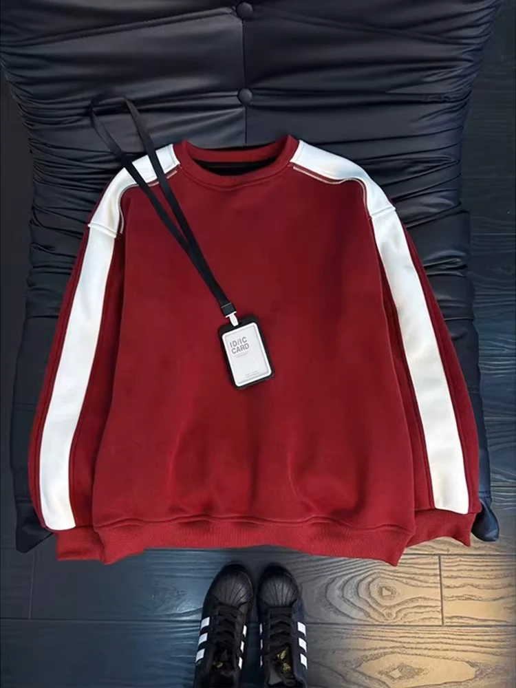 Red White Stripes Color Blo round Ne Sweatirt Men's Autumn Winter Thiened Fce Long Sve T-irt American Sle B...