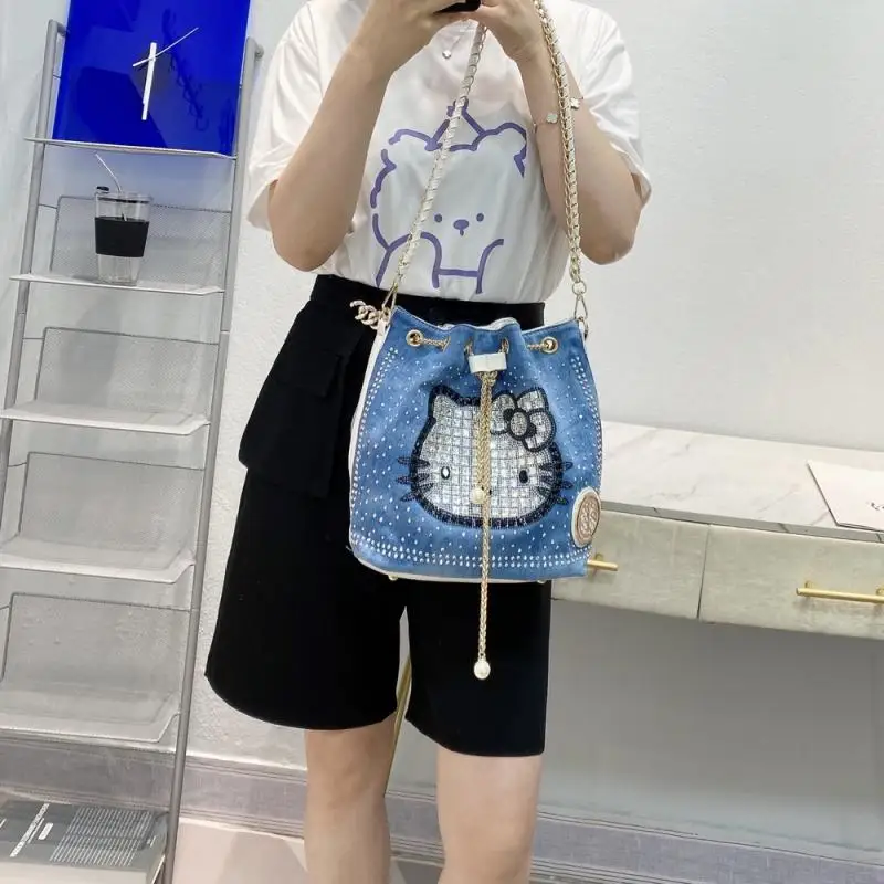 

Anime Hello Kitty Cowboy with Diamond Canvas Bag Cute Cartoon Single Shoulder Crossbody Bag Fashion Kt Bucket Bag Cute Girl Gift