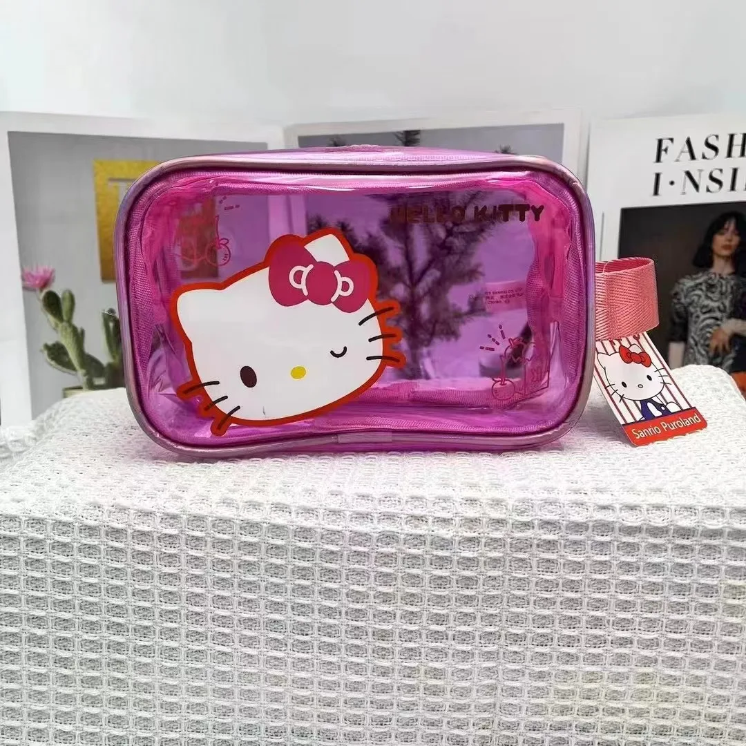 Kawaii Anime Sanrio Girl Makeup Bag Cartoon Hello Kitty Kuromi Transparent Jelly Color Convenient Waterproof Storage Hand Bags