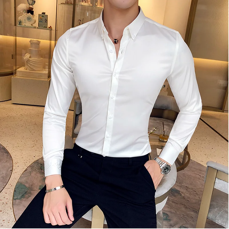 Mens Shirst High Quality Long-sleeved Casual Slim Solid Color Formal Blue Shirt Collar Embroidery Business Social Men Clothing