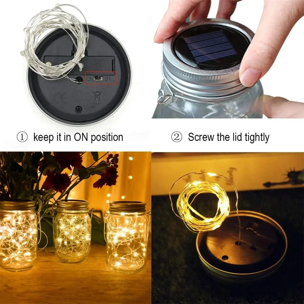 Guirxiété lumineuse solaire à LED dégradée avec couvercle de bouteille Mason Jar, lanterne AN-LY, extérieur, mariage, jardin, décoration de Noël