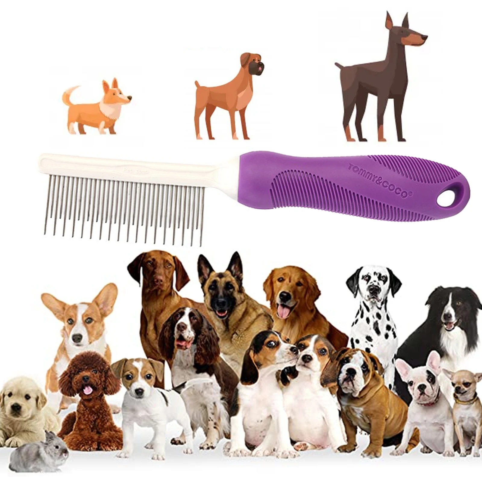 Purple Pet Comb for Dogs & Cats with Long and Short Stainless Steel Metal Teeth for Removes Tangles and Knots