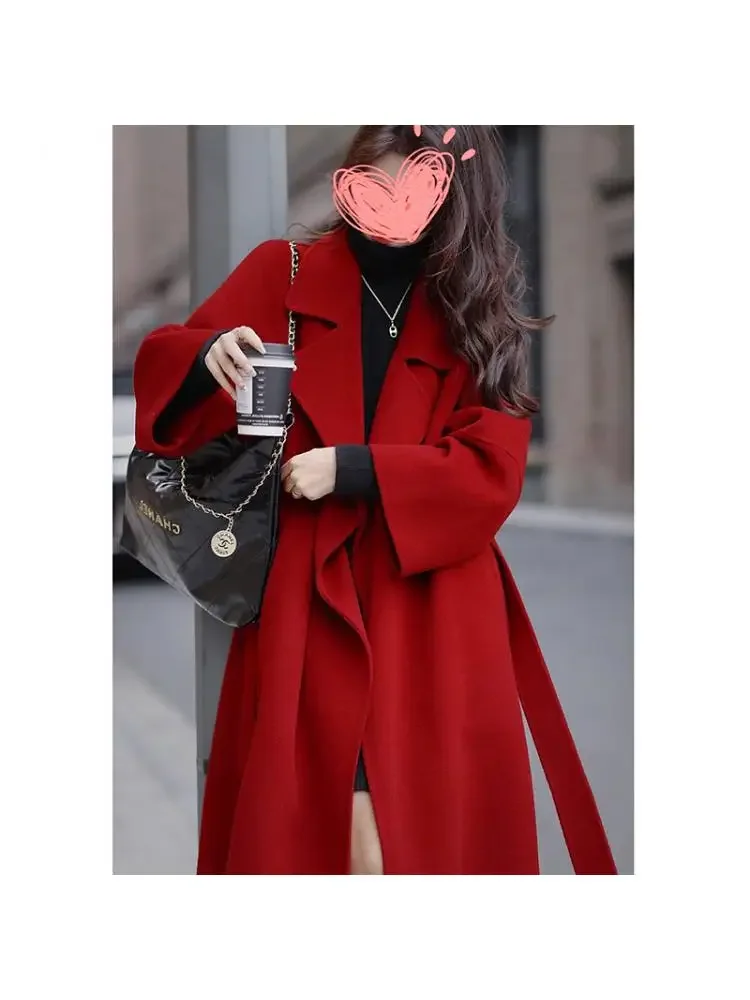 Red Double-Sided Wool Coat Women's Long Outerwear 2023 Autumn/Winter Suit Collar Loose Lace Up Tie Black 100% Woolen Jackets