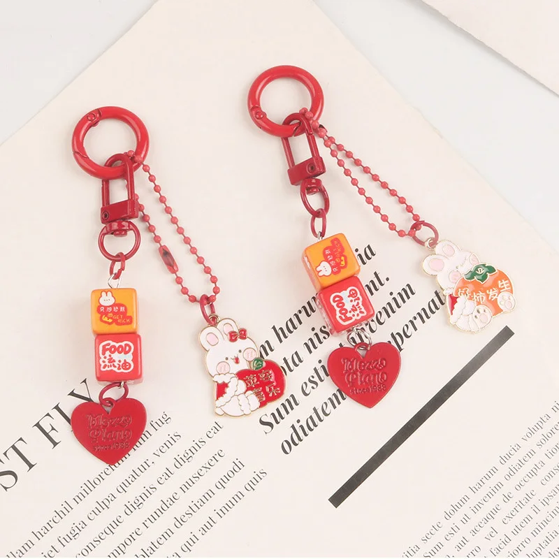 New Year Cute Rabbit Key Chain DIY Pendant Wooden Block Red Heart Ornament Metal Animal Jewelry Accessories Girls Birthday Gift