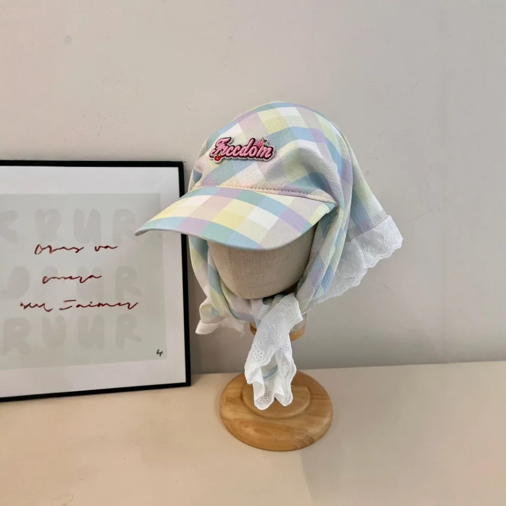 

Simple Korean Style Plaid Baseball Cap Cotton Embroidery Strappy Bandana Hat Sunscreen Peaked Cap Letter Headscarf Hat Girl