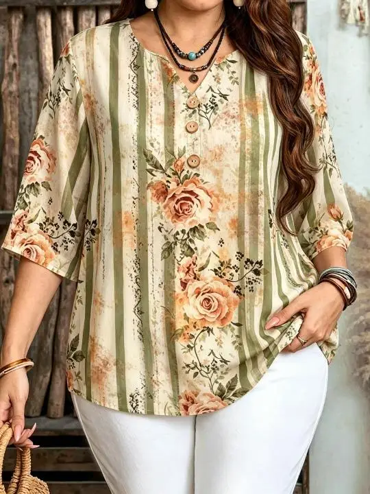 Women Vintage Distressed Stripe Rose Floral Print Blouse For Curvy Figures Notched Neck 3/4 Sleeve Loose Casual Ladies Tops
