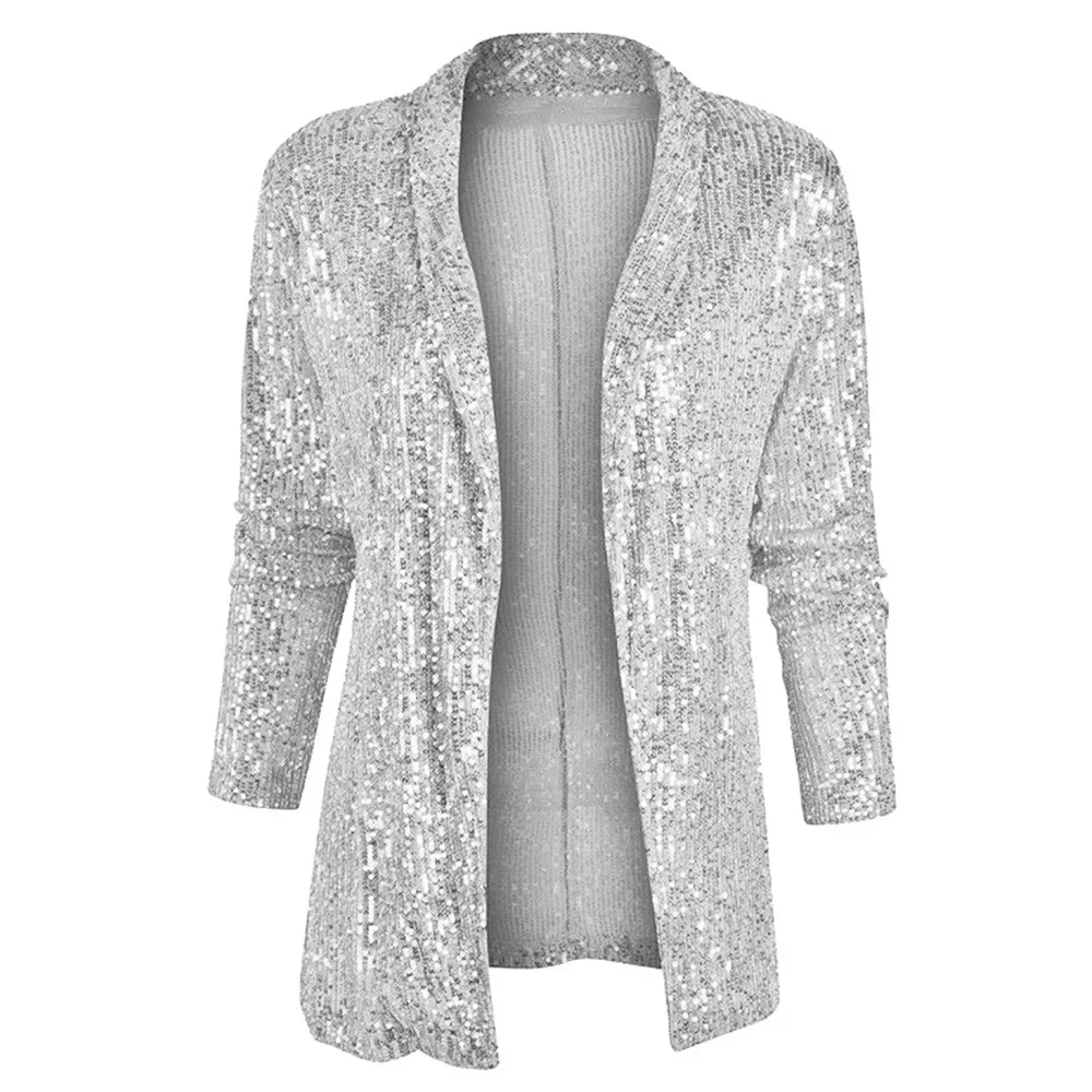 Spring New Sequined Long Sleeve Mid-Length Blazer Jacket Suit Polo Collar Solid Color Coat Women Fashion Sexy Blazers