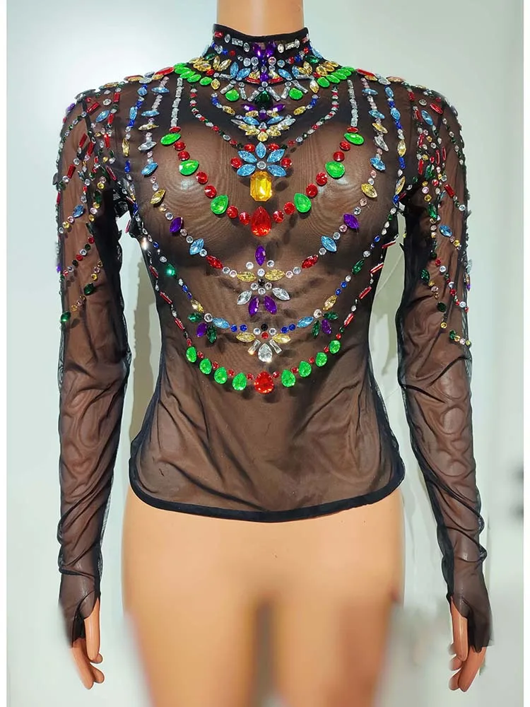 

High Quality Color Rhinestone Sexy See Through Mesh Top 2024 New Fashion Custom Women'S Clothing