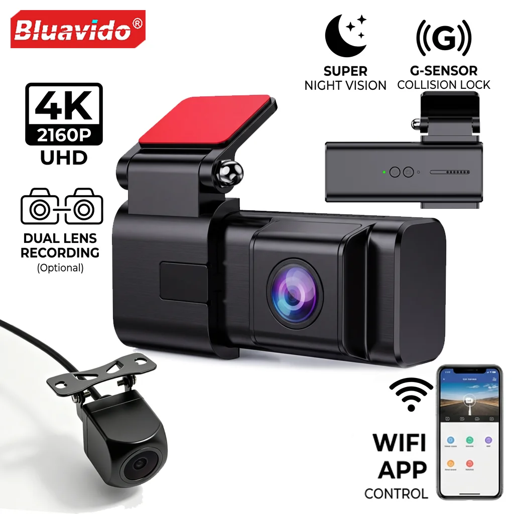 Cámara para Auto 2K 1440P Delantera y 1080P Trasera con WiFi, Control por Aplicación, Grabación de Video, Visión Nocturna, Grabación en Bucle, Modo de Estacionamiento 24/7 Supercapacitor