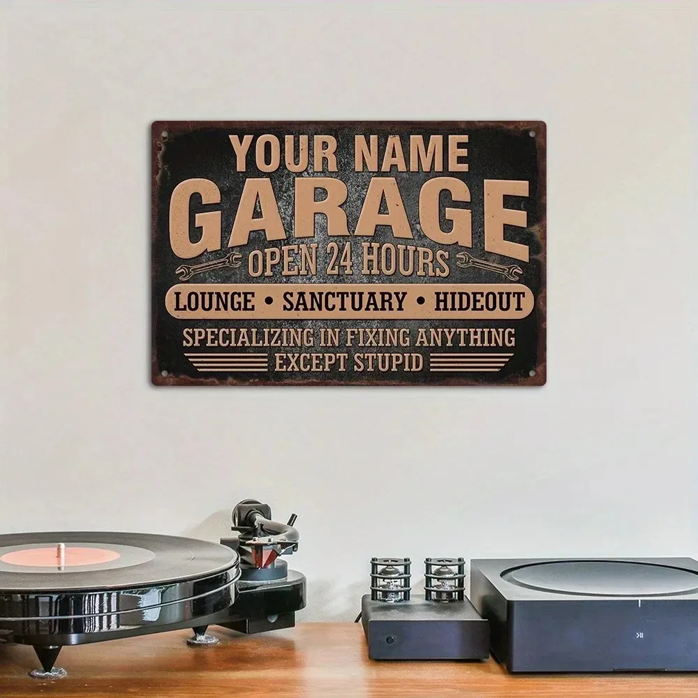 CIFbuy 1pc 2D Flat Personalized Repair Theme Garage Plaque Customizable Rustic Vintage 24H Lounge Hideout Man Cave Wall Sign Dec