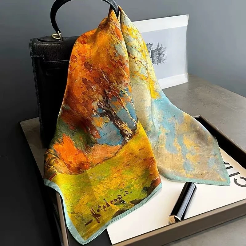 

Oil painting series silk scarf satin square scarf finished product 60cm square scarf multi-color