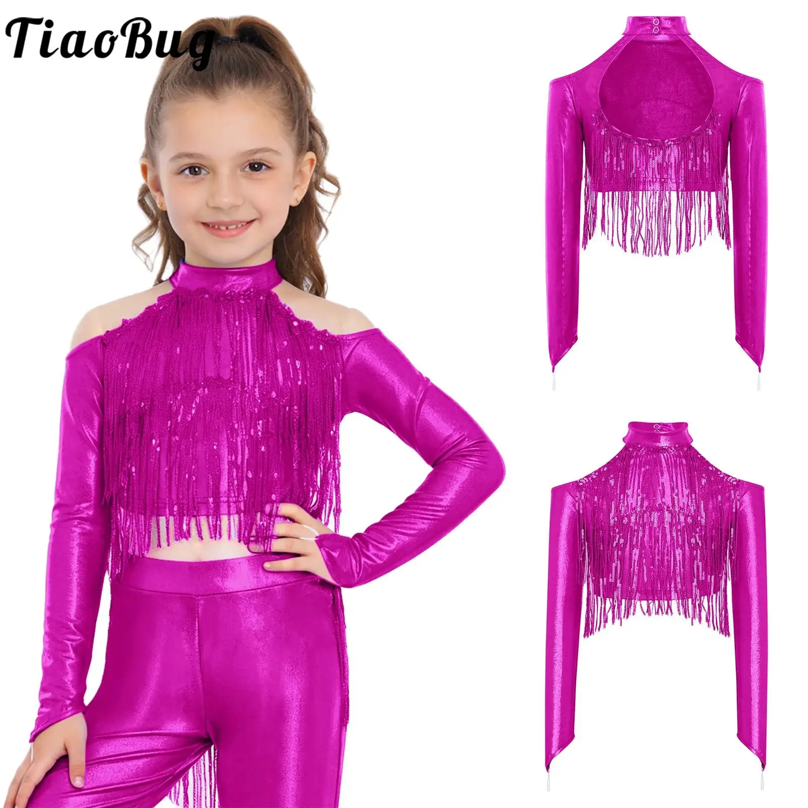 

Kids Girls Metallic Disco Jazz Latin Tango Samba Dance Performance Top Cold Shoulder Long Sleeve Sparkly Sequin Tassels Crop Top