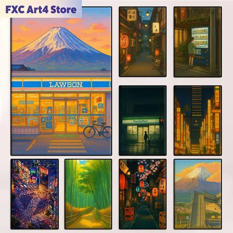 Rahmenloses Retro-Poster mit japanischer Anime-Landschaft, Berg Fuji, Lawson, Tokyo-Straßenszenerie, Leinwandgemälde, Wandkunst für Wohnzimmer