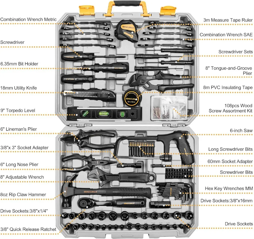 DEKOPRO 218-Piece General Household Hand Tool kit, Professional Auto Repair Tool Set for Homeowner, General Household Hand Tool