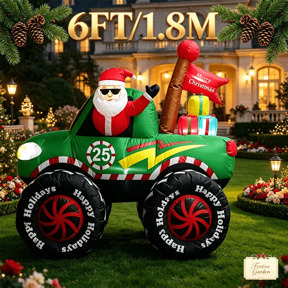 6FT Christmas Inflatable Santa Claus Truck Built in LED Lights Outdoor Yard Lawn Xmas Decorations Merry Christmas Gifts