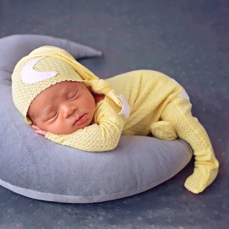 Bebê recém-nascido 0 1 2 3 meses fotografia roupas estrela lua decorativa malha macacão longo cauda chapéu de duas peças terno rodado macacão