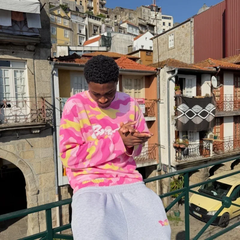 Mens Clothes Vintage Camouflage Pink Sweater Oversized Letter Print Graphic T Shirt Long Sleeve Tops Loose Sweatshirt Pullover