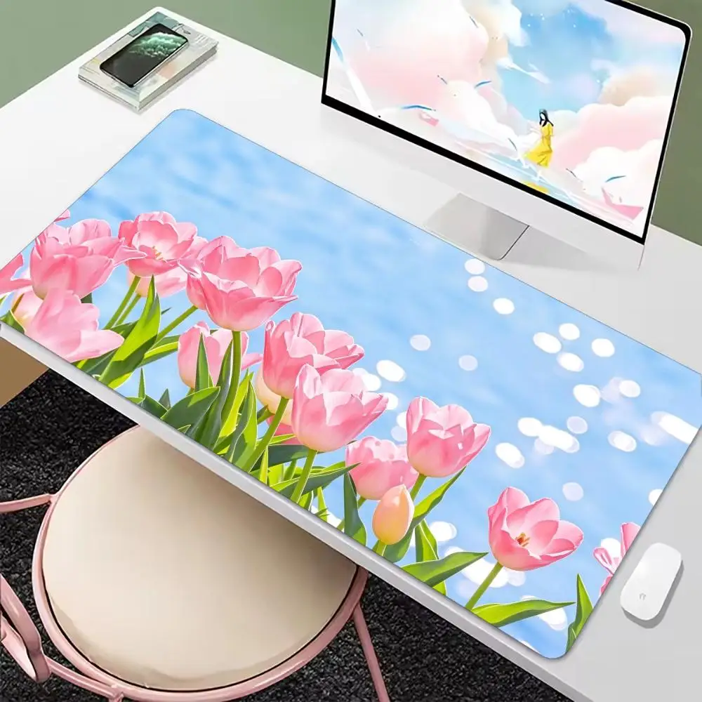 Long Gaming Mousepad Fresh Pink Tulips Blue Sky Spring Bokeh Anti Slip Rubber Backing Durable Stitched Edges for Teen Gamers