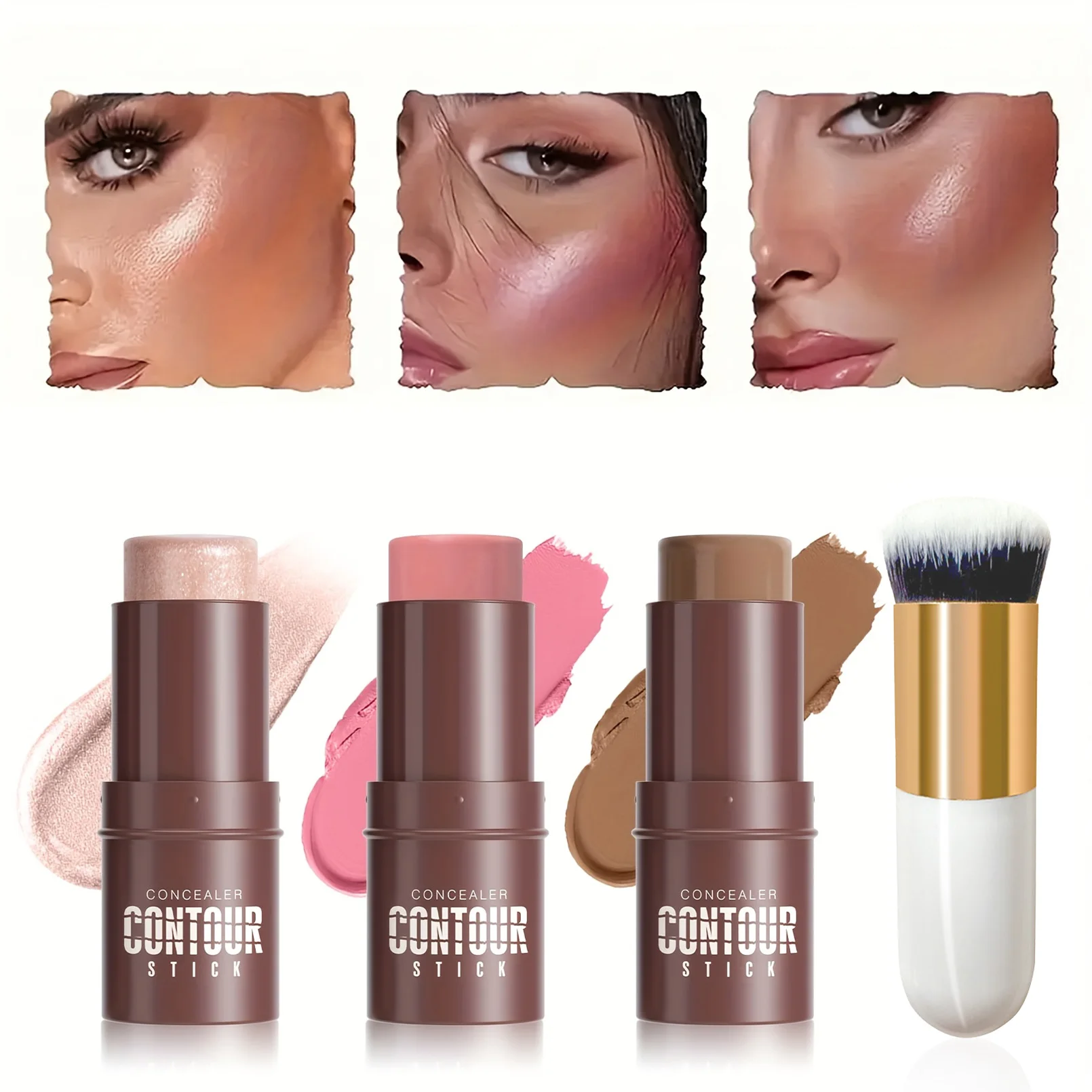 عصا كونتور، عصا أحمر الخدود، عصا هايلايتر، عصا برونزر، طقم كونتور كريمي 3 قطع مع فرشاة هدية مناسبة لعيد الميلاد