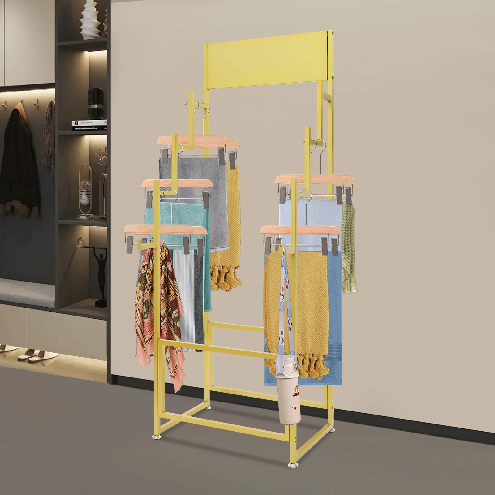 Freestanding Carpet & Scarf Display Rack Heavy Duty Golden Iron Clothing Display Stand for Stores & Home