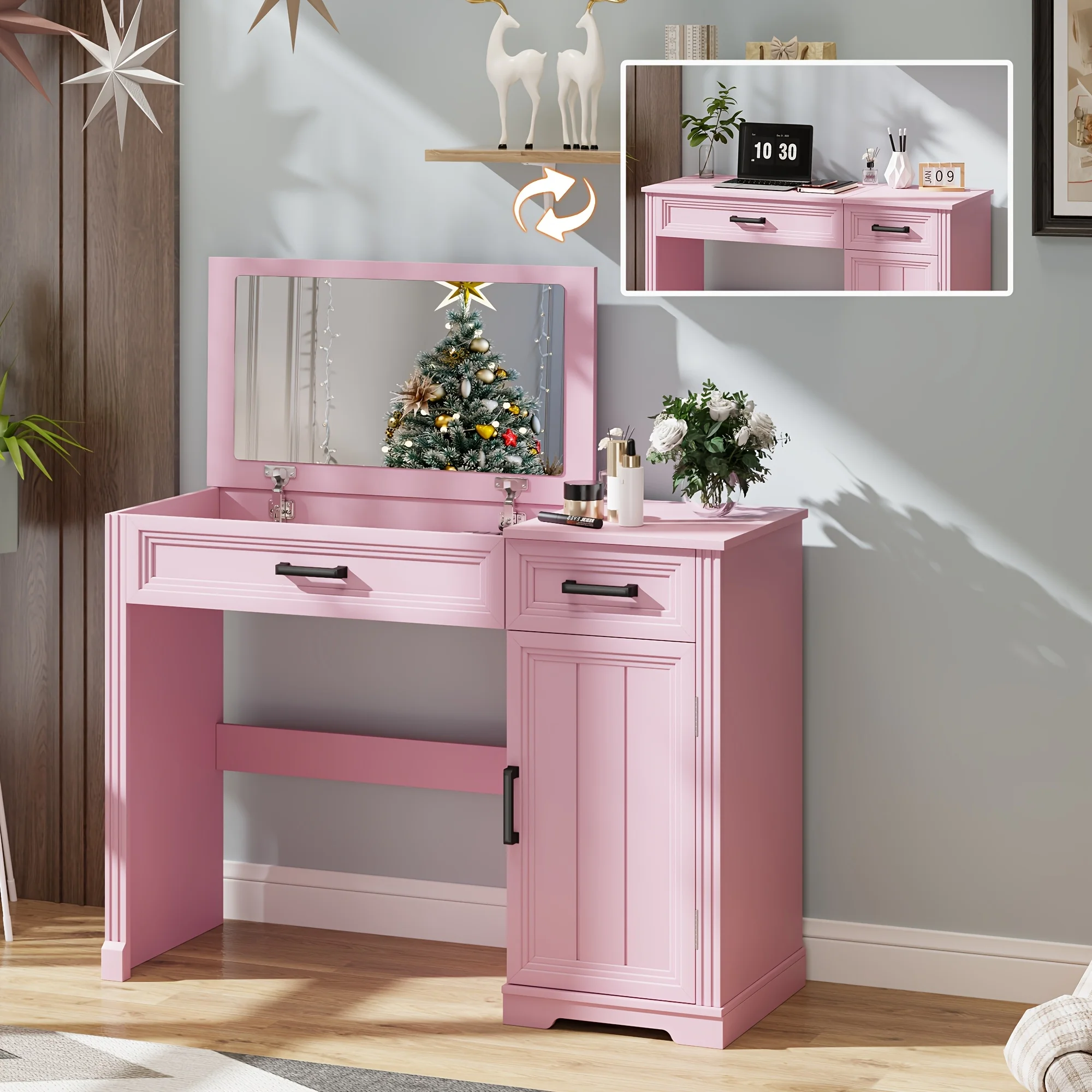 

Туалетный столик в стиле фермерского дома с откидным зеркалом, 43,3 дюйма (ширина), с 2 выдвижными ящиками и регулируемой высотой