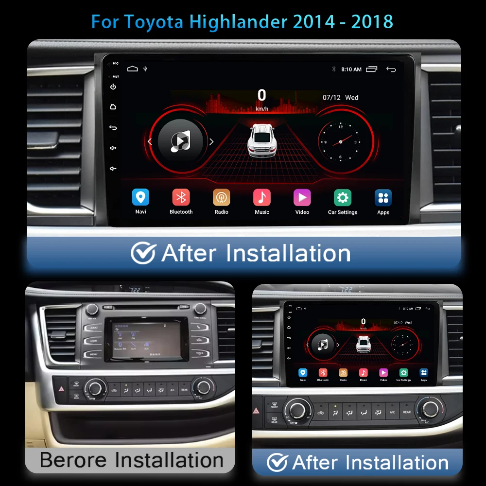 For Toyota Highlander 2014-2018 Car Radio Multimedia Video Player Android 13 4G Wireless Carplay Navigation GPS 2 din DVD