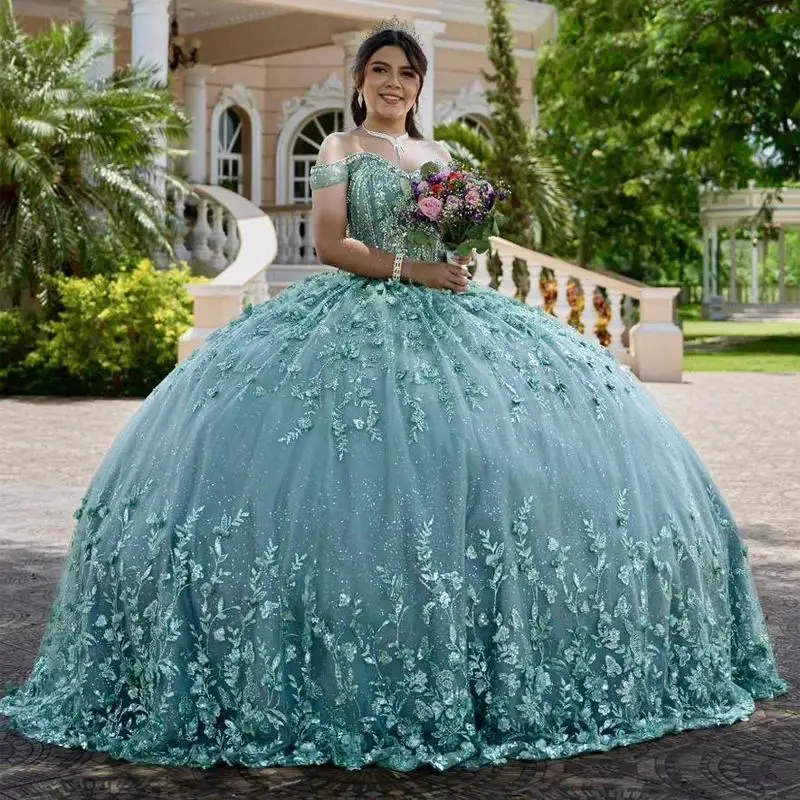 Mintgrüne, glänzende Quinceanera-Kleider, schulterfrei, Pailletten, Applikationen, Spitze, Blumenperlen, Tüll, Schnürung, Vestido De 15 Anos, süß