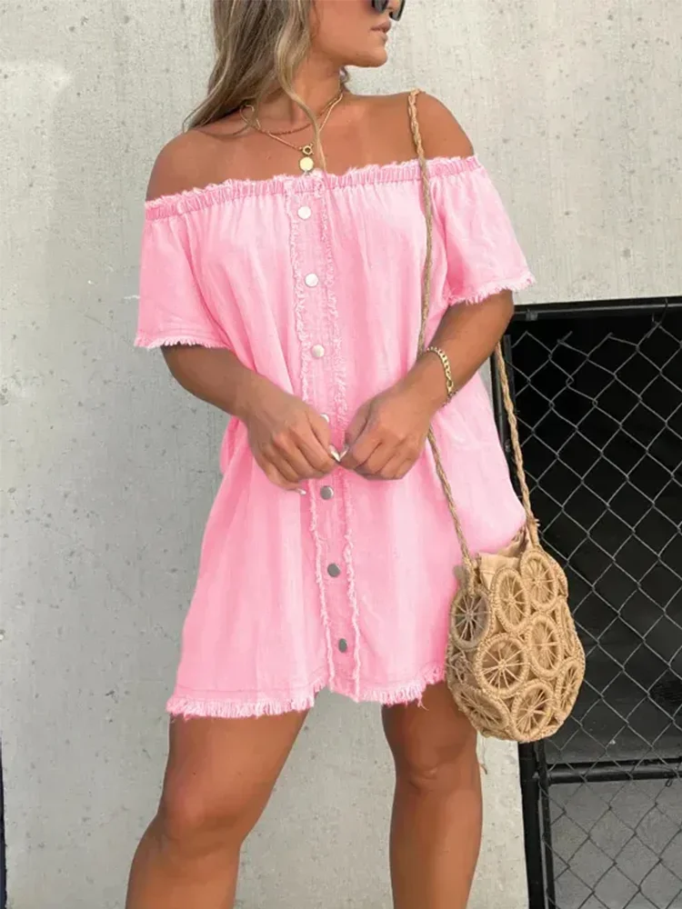 Women's Off-Shoulder Denim Dress Short Sleeve Raw Hem Casual Boho Summer Jean Dress S-3XL