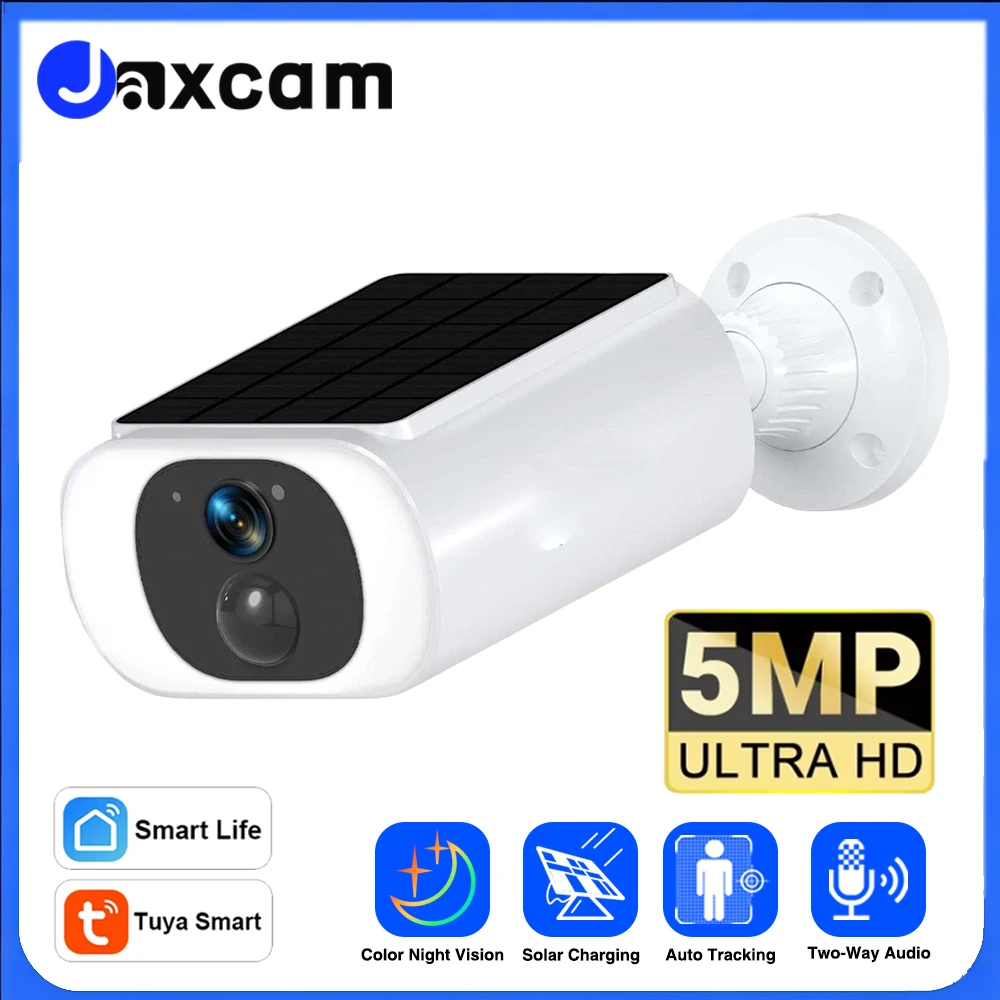 

Солнечная камера Tuya, 5 МП, уличная Wi-Fi камера наблюдения, защита дома, встроенный аккумулятор, PIR-обнаружение цвета, ночное видение