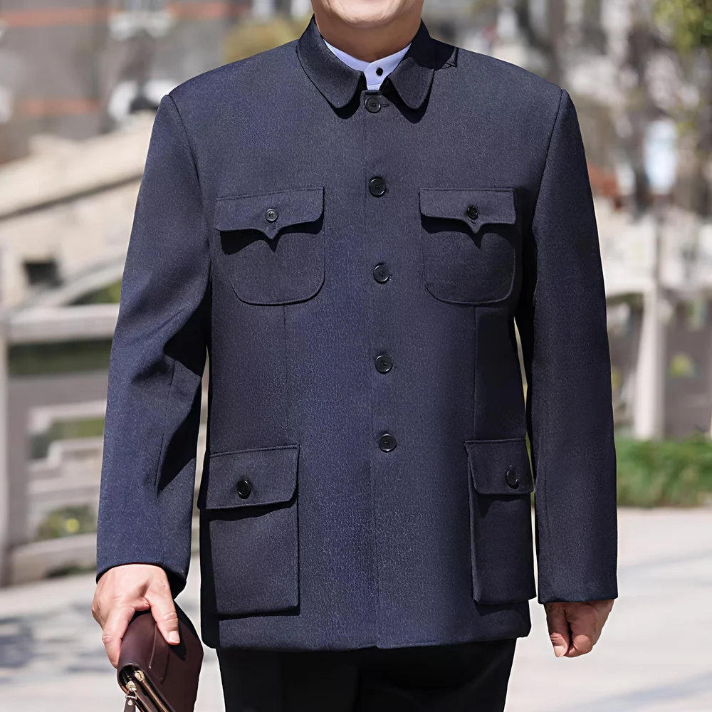Modern Men's Mao Suit Jacket Blue Gray Year-Round Menswear Classic Chinese Zhongshan Coat Blazers Male Tunic Outfits Timeless