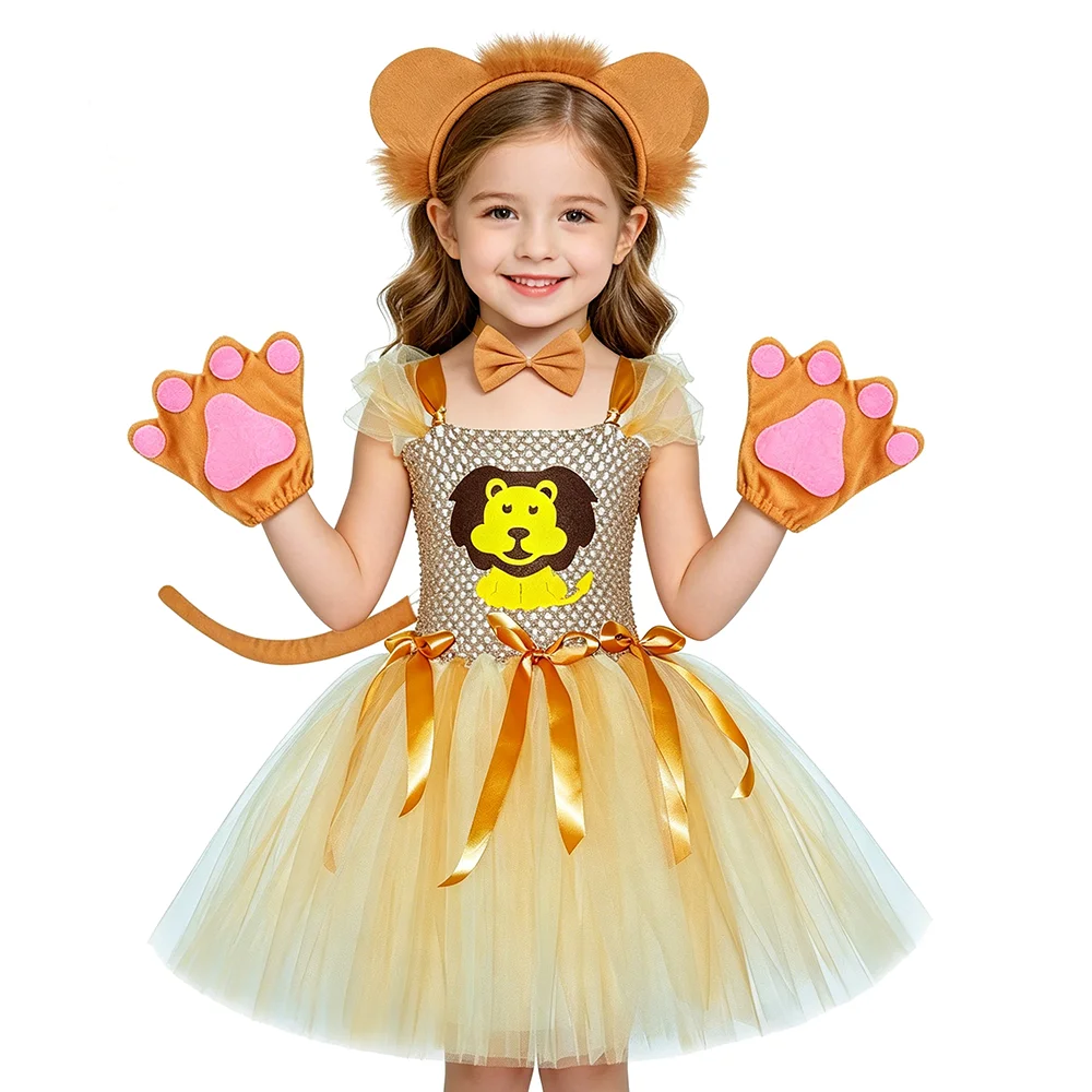 

Girls Lion Costumes Tutu Dress Khaki Wildlife Themed Jungle Party Outfit Kids Halloween Carnival Animal Tutus Set with Ears Tail