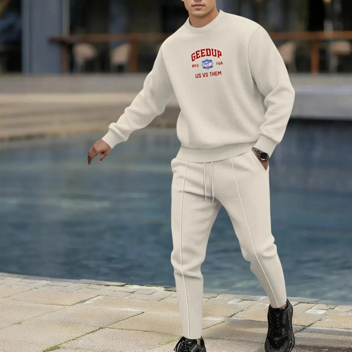 Men's Spring Autumn Fashionable Round-Neck T-Shirt Set Waffle Fabric Comfortable Polyester Long-Sleeved Trousers Two-piece set