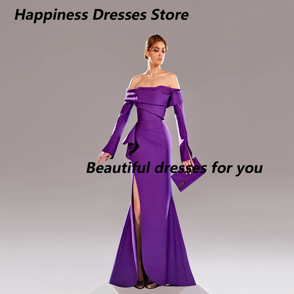 

Purple Satin Evening Dresses Customized Sexy Off The Shoulder Mermaid Split Party Dress Woman Long Sleeve Prom Dress فساتين سهرة