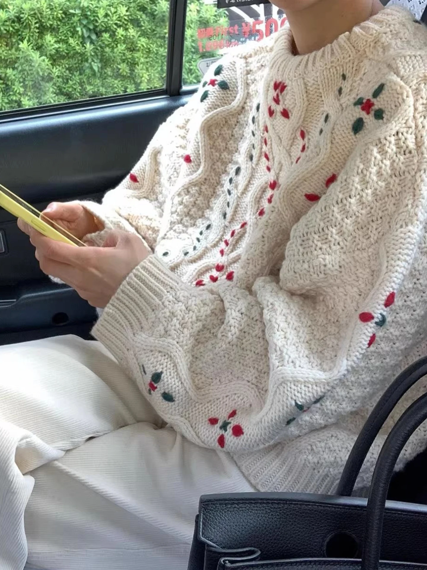 Retro pesado bordado thiened quente camisola de malha feminina outono inverno preguiçoso sle overhead floral estampado topo