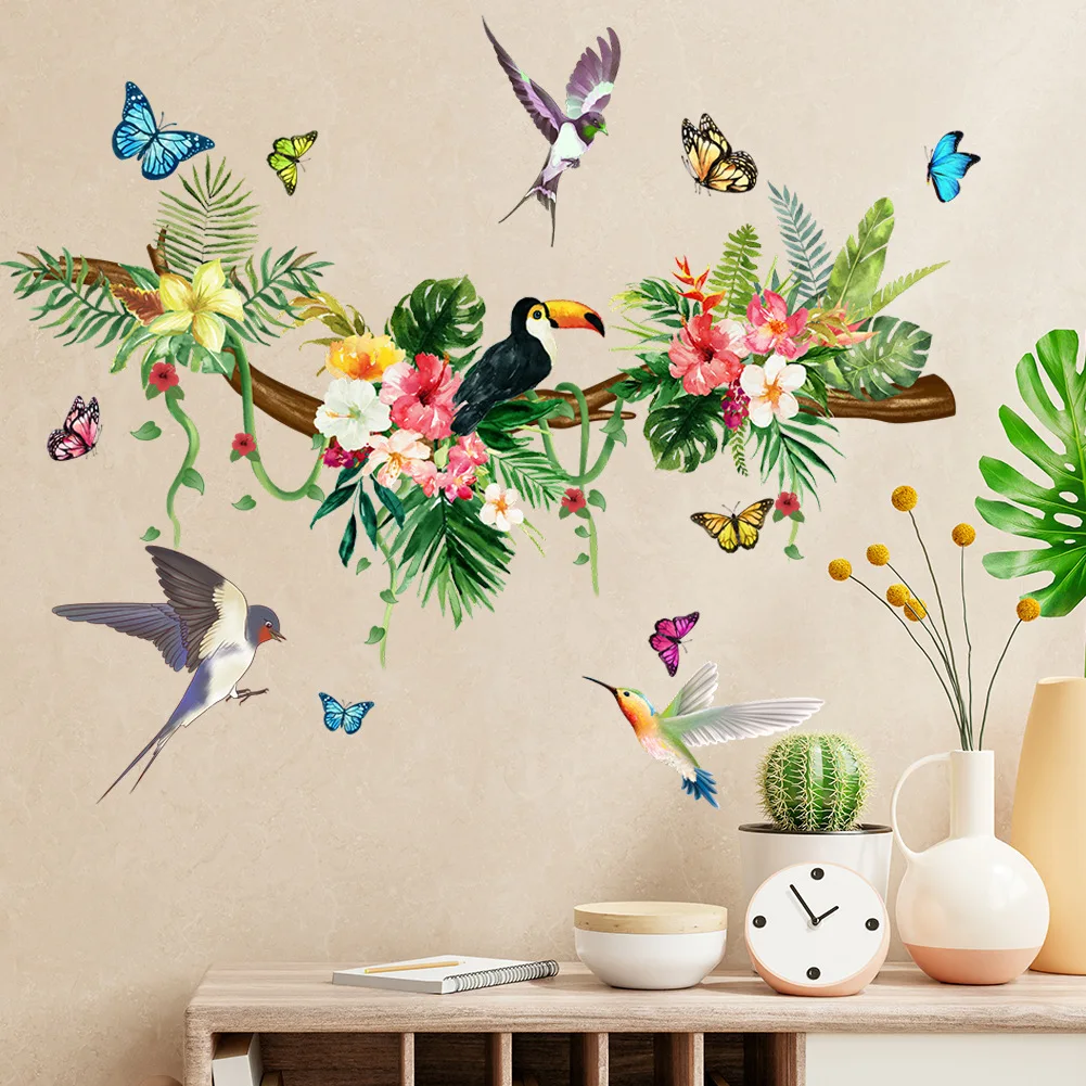 Green Rattan Flowers Butterfly Wall Sticker Birds Living Room Wall Decals Bedroom Home Decorative Wallpaper Self-Adhesive