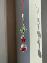 Handmade red lucky cat phone charm | phone accessories | cat charm | leaf charm  beaded phone charm