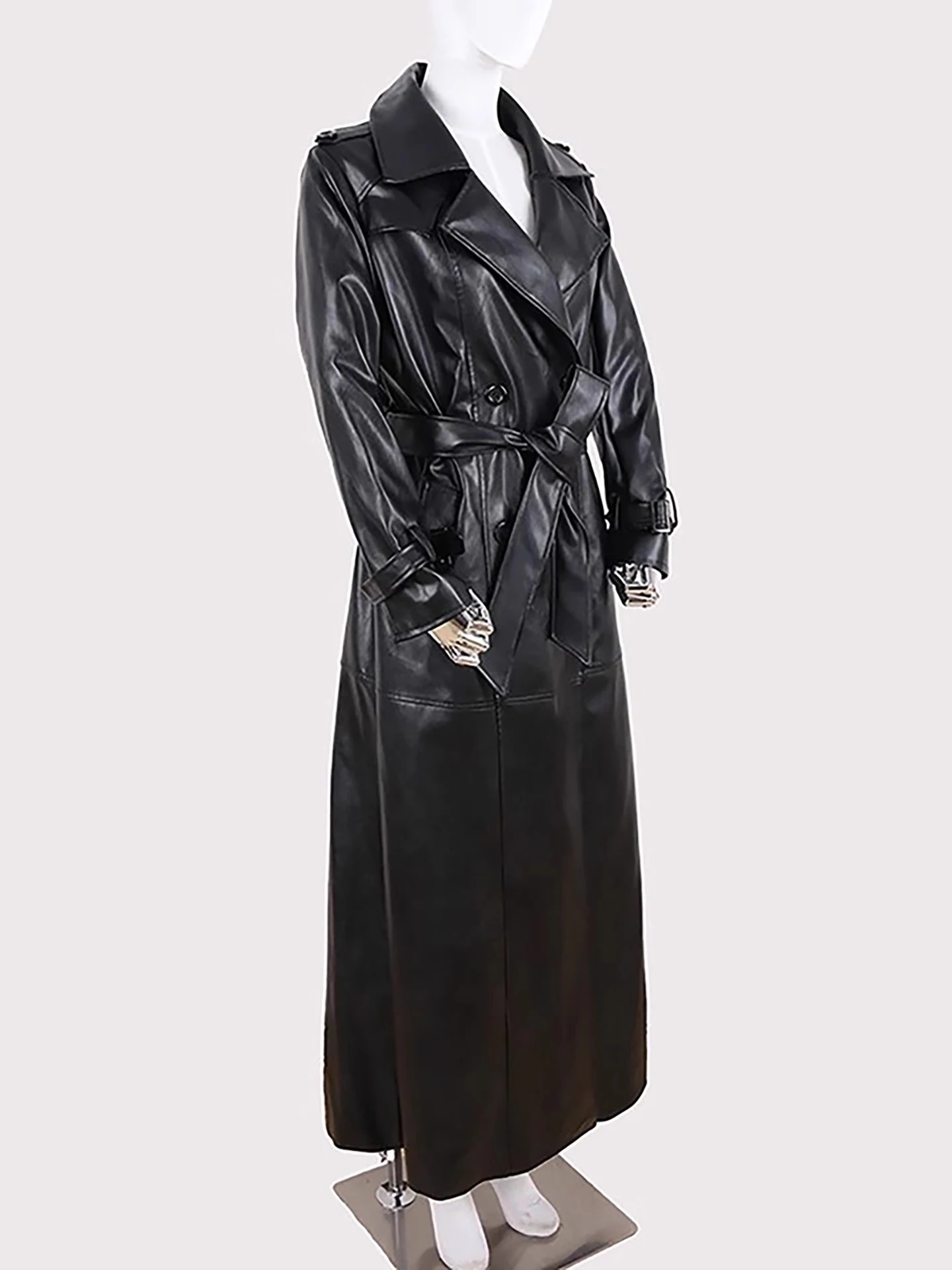 Autumn Extra Long Black Soft Faux Leather Trench Coat for Women Belt Double Breasted Floor Length Luxury Designer Clothes 2025