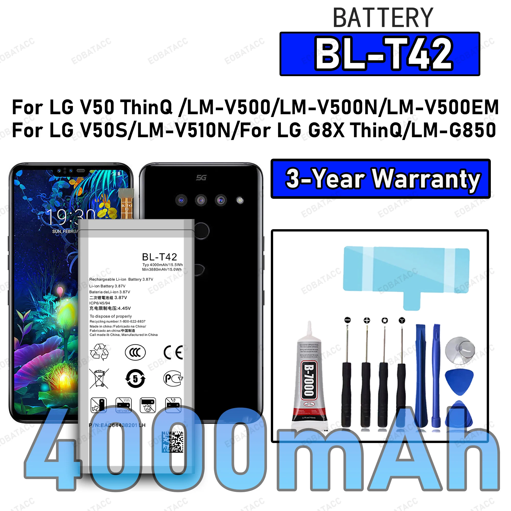 100% New High Quality BL-T42 Battery For LG V50 ThinQ/LM-V500/LM-V500N/V50S/G8X ThinQ/LM-G850 Replacement Battery Bateria+Free T