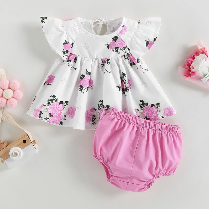 New Fashion Baby Girls Summer Clothes Sets Short Sleeve O Neck Floral Tops + Solid Color PP Shorts 2Pcs Infant Toddler Outfits