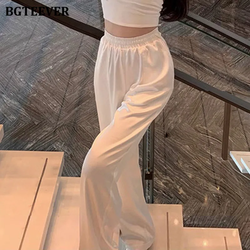 BGTEEVER Spring Summer Loose Pockets Female Satin Trousers Stylish High Waist Straight Pants for Women